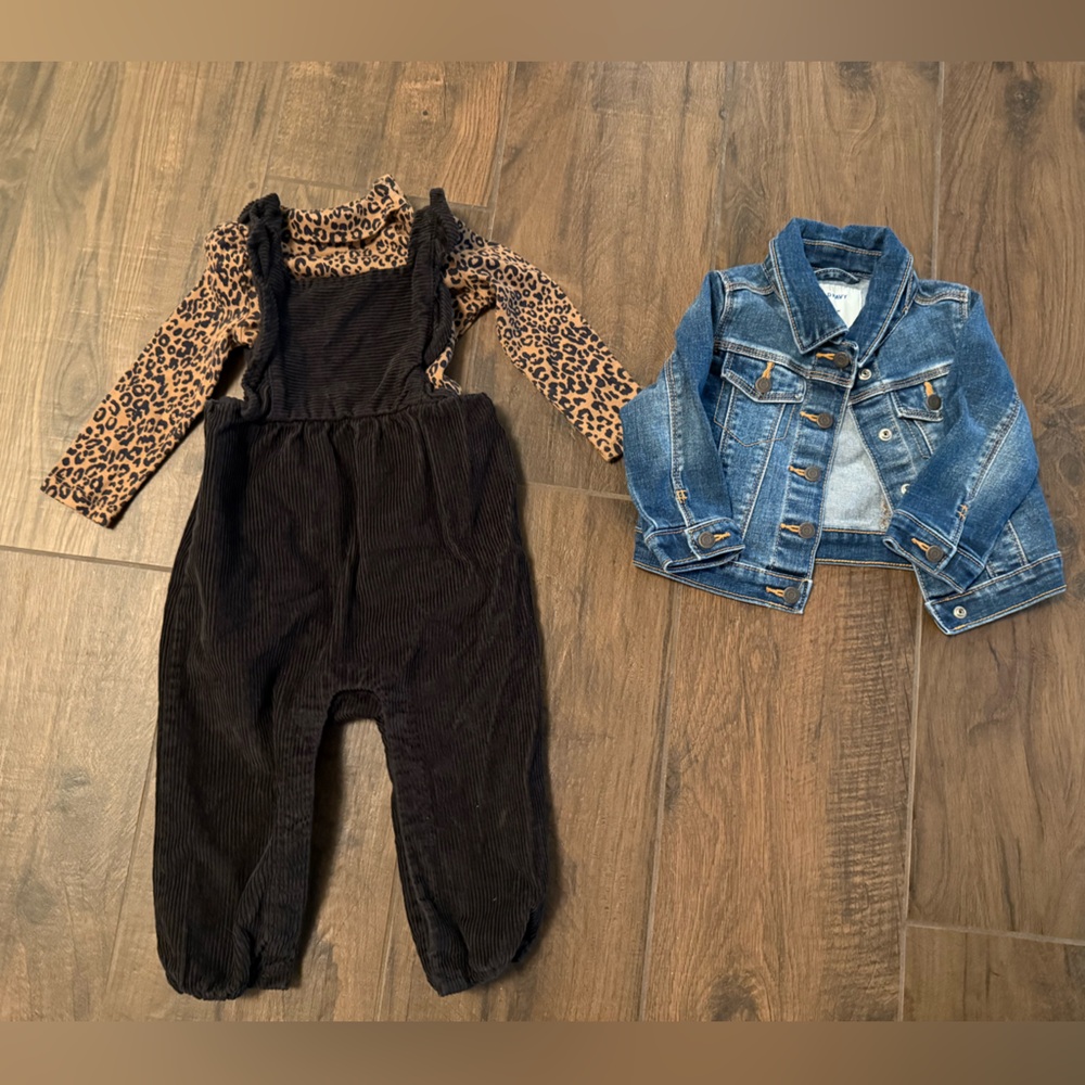 Gap leopard onesie with corduroy overalls and old navy jean jacket